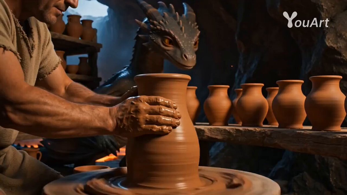 火山洞窟にいる映画のようなベビードラゴンとポッター