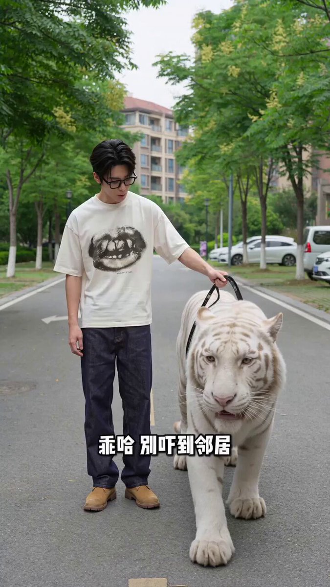 Invite vidéo : Homme promenant un tigre et un caniche nain