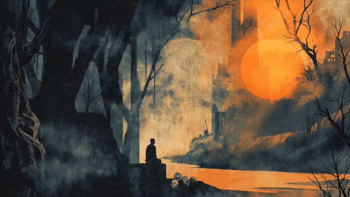 Einzelne Figur bei Sonnenuntergang im Stil von J. M. W. Turner