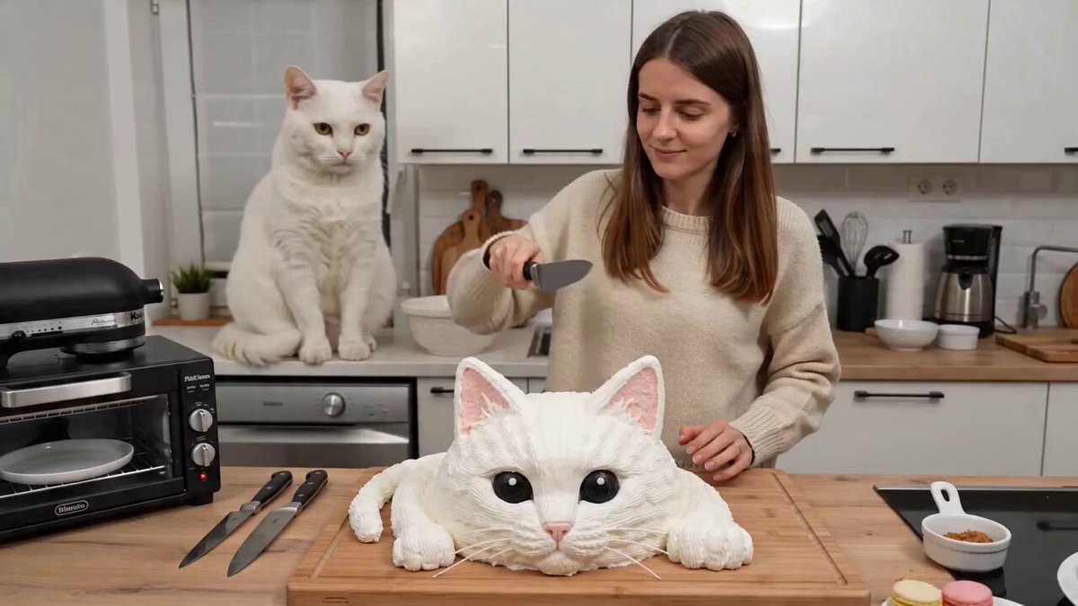 Vidéo UGC en une seule prise d'une femme coupant un gâteau et un chat qui crie.
