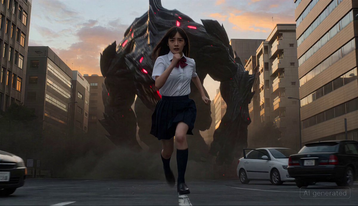 巨大モンスターと戦う女子高生のシネマティックな変身シークエンス
