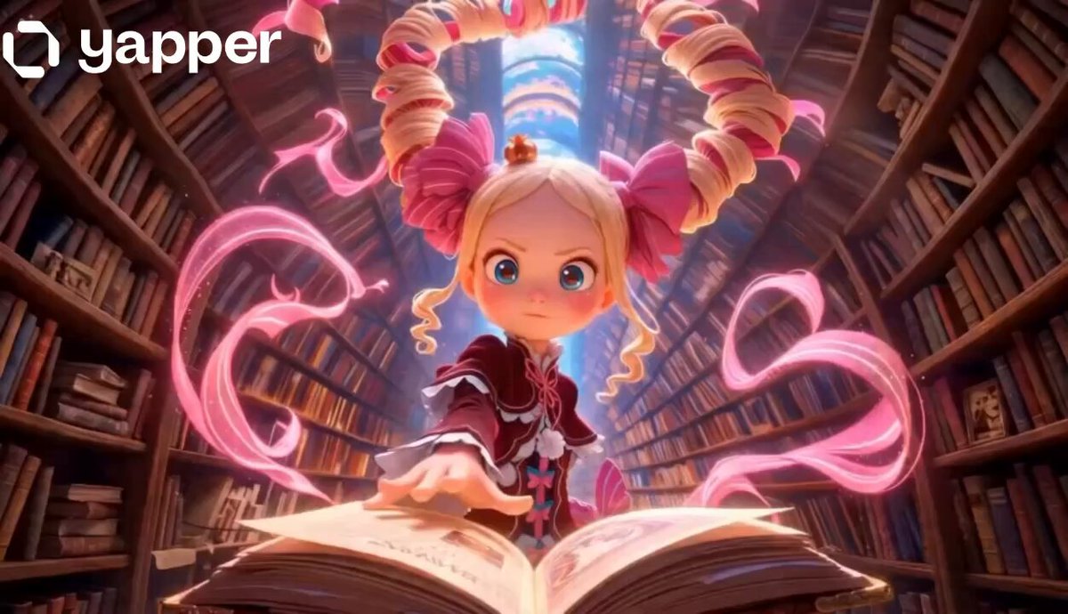 Magisches Mädchen im Pixar-Stil in einer Bibliothek