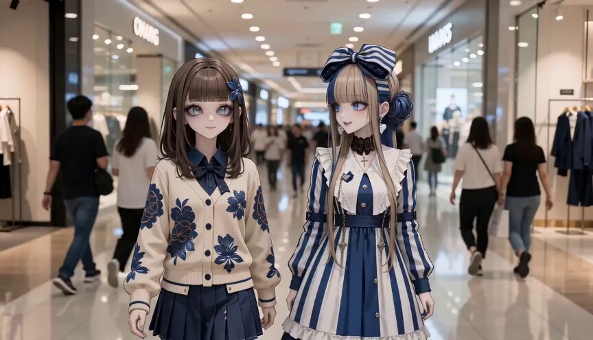 Anime-Charaktere in einem fotorealistischen Einkaufszentrum