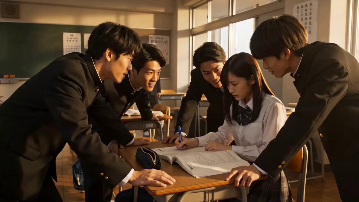 日本の学校を舞台にした格闘アクションのシークエンス
