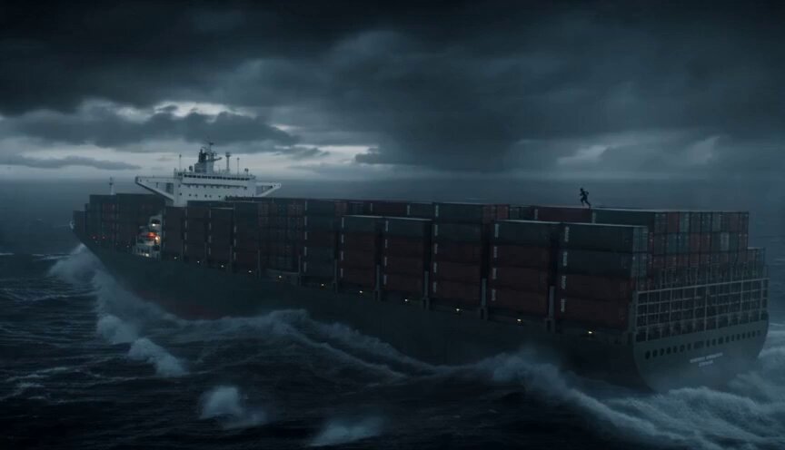 Actiongeladener Lauf auf einem Frachtschiff im Sturm