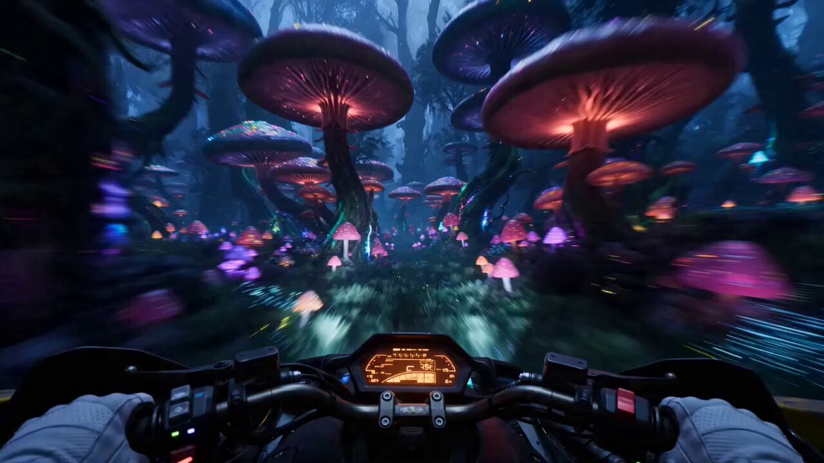 FPV-Fahrt durch einen biolumineszenten Alien-Wald