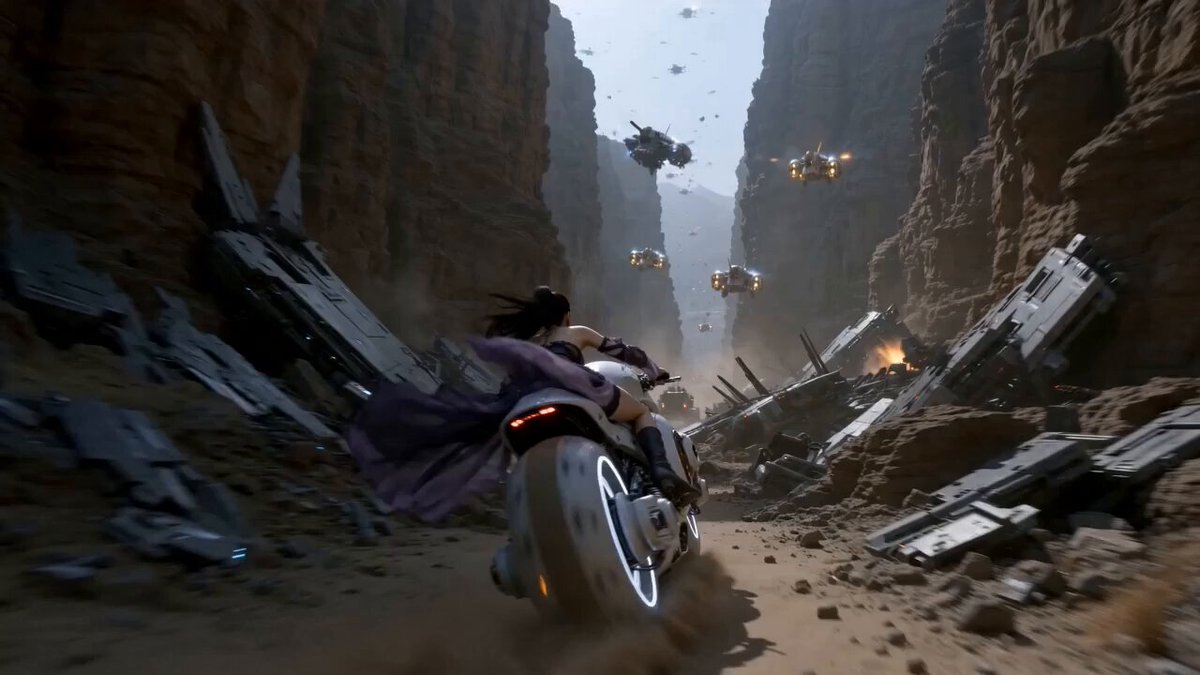 Futuristische Motorrad-Verfolgungsjagd am Wüsten-Raumhafen