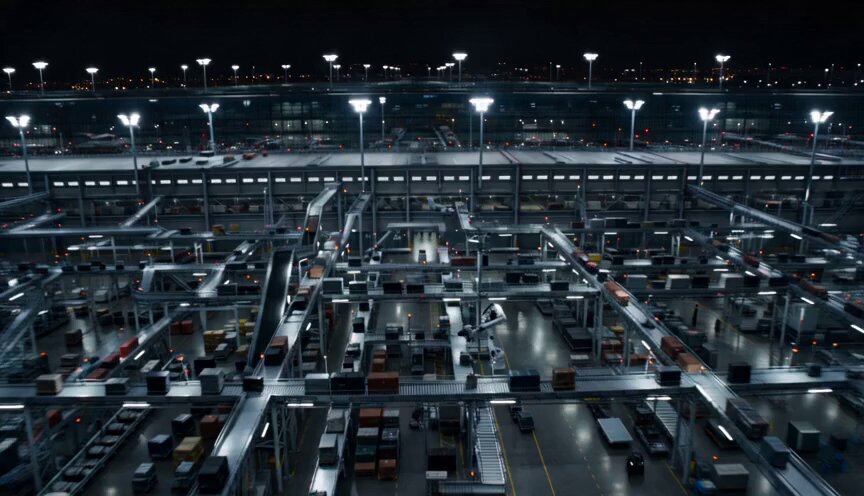 Futuristic Airport Cargo Chase Sequence