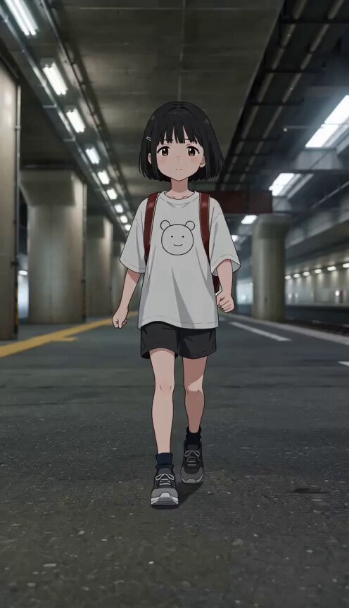 Surreale Anime-Laufsequenz mit Materialwechsel