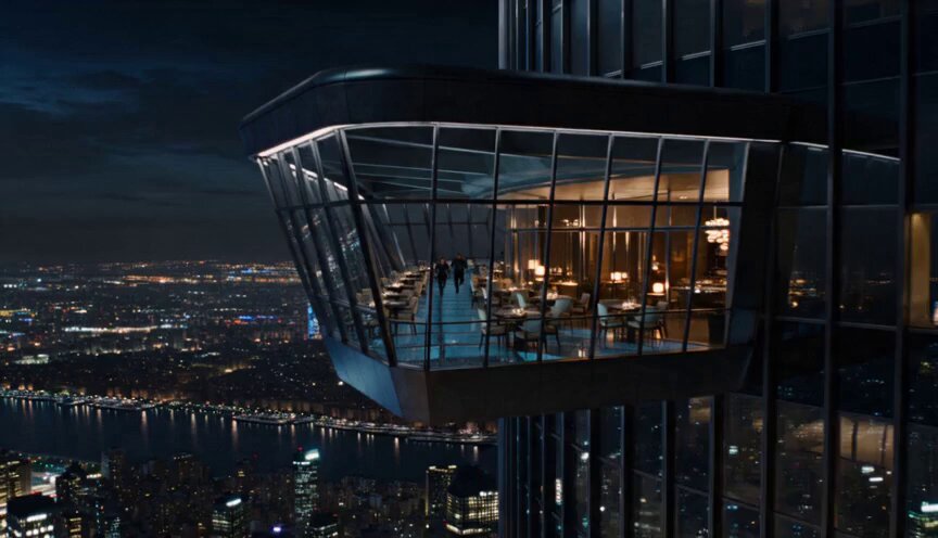 Flucht aus dem gläsernen Skywalk-Restaurant am Wolkenkratzer