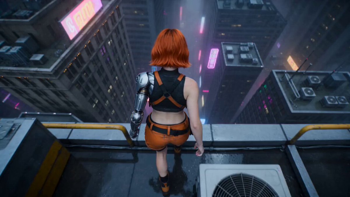 Cyberpunk-Wolkenkratzer-Fall-Action