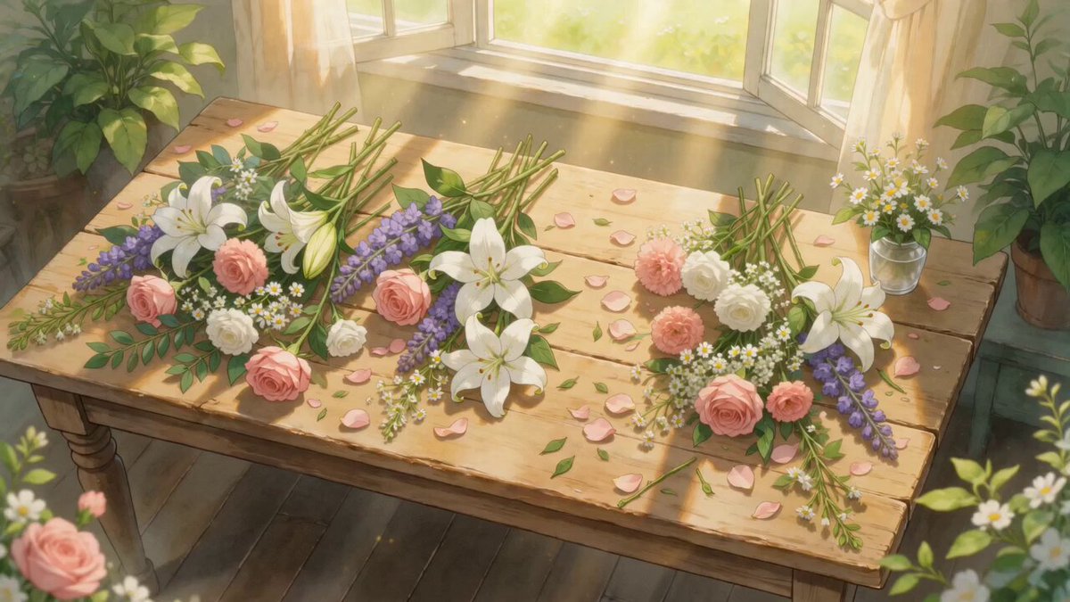 Blumenarrangier-Szene im Ghibli-Stil