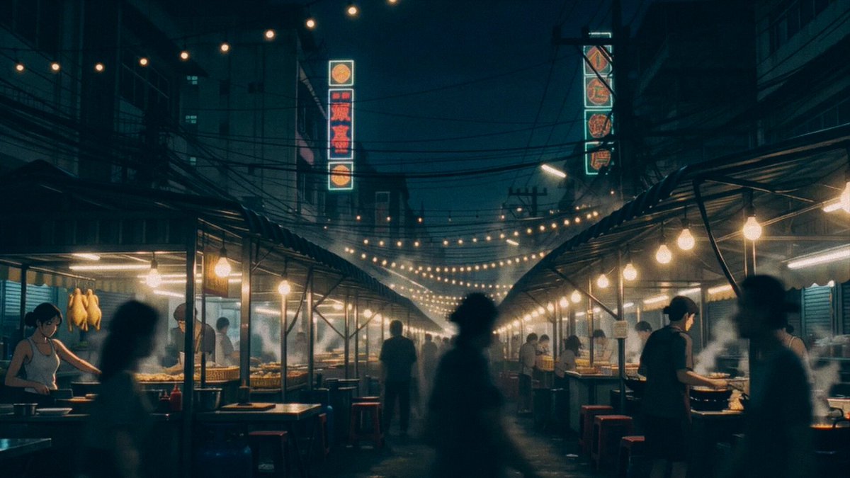 Bangkok Night Market Anime Cooking Scene