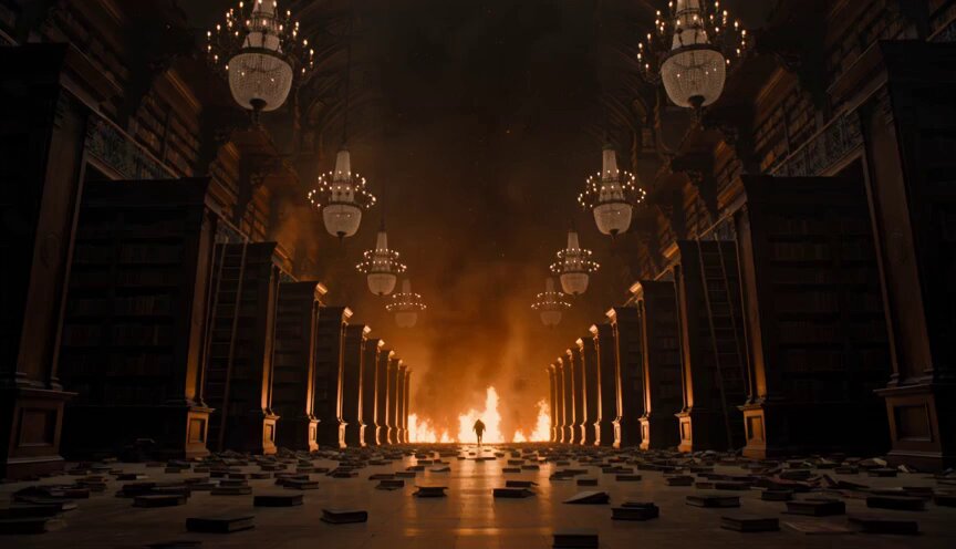 Burning Library Escape Action Sequence