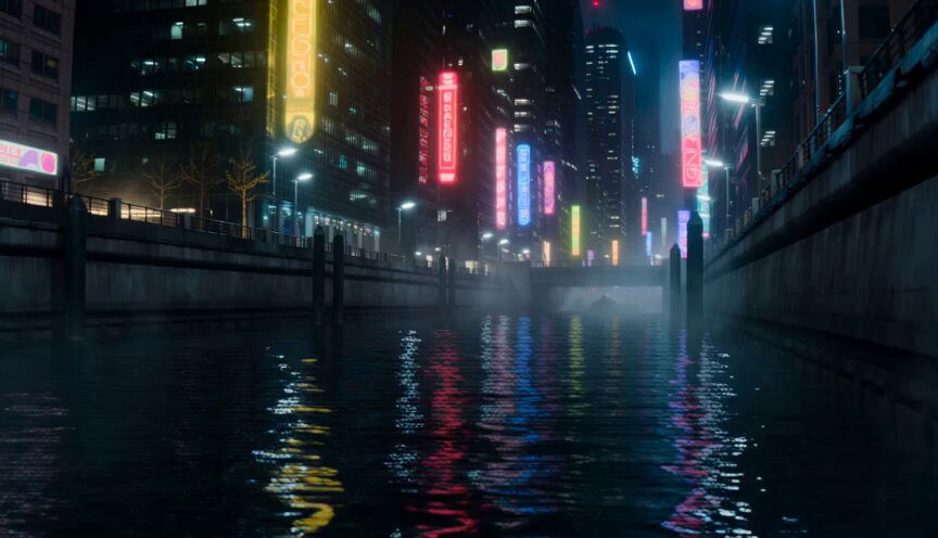 Futuristische Neon-Kanal-Speedboot-Verfolgungsjagd