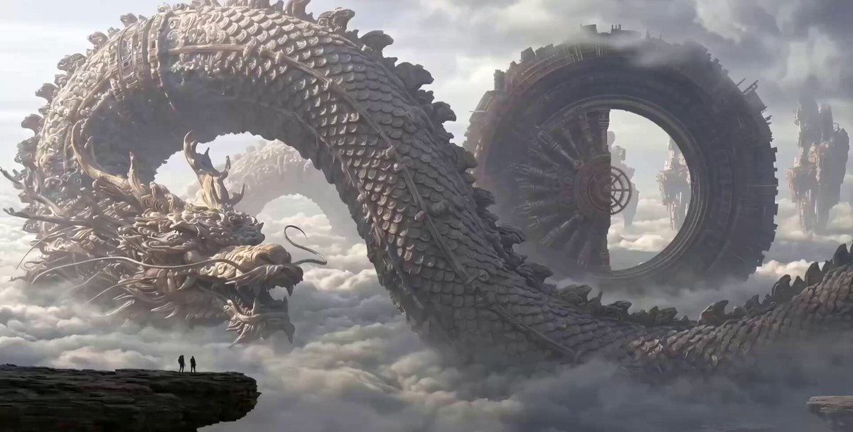 Uhrwerk-Drache über schwebender Stadt
