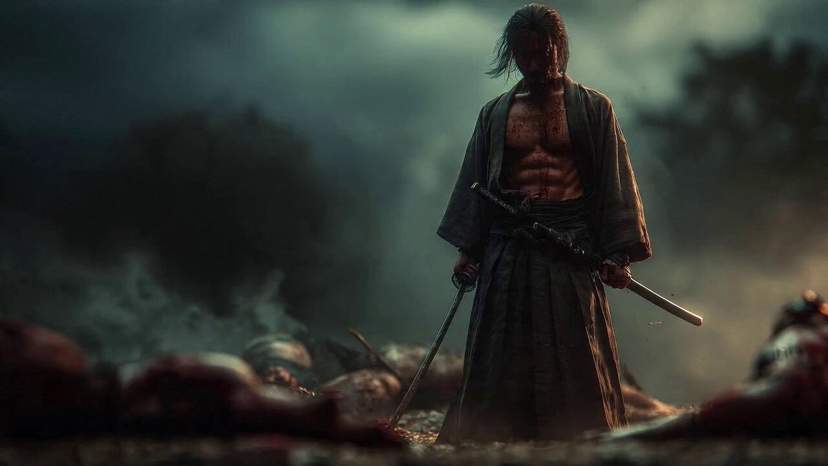 Filmreifer Rückblick eines gezeichneten Samurai
