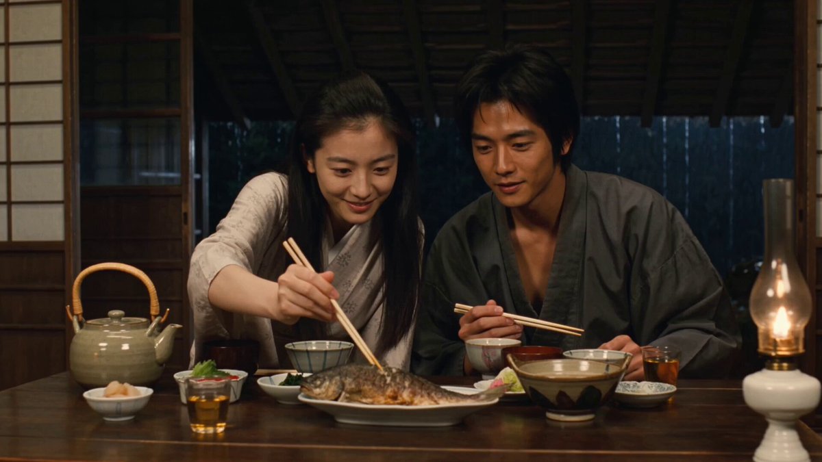 Traditionelle japanische Bauernhaus-Abendszene