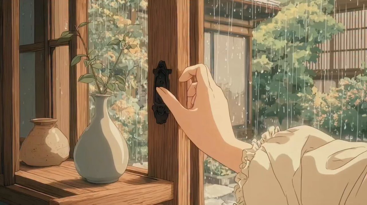 Vom Studio Ghibli inspirierter regnerischer Garten
