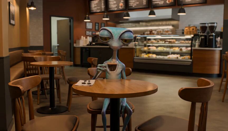 Hyper-Realistic Alien Coffee Comedy