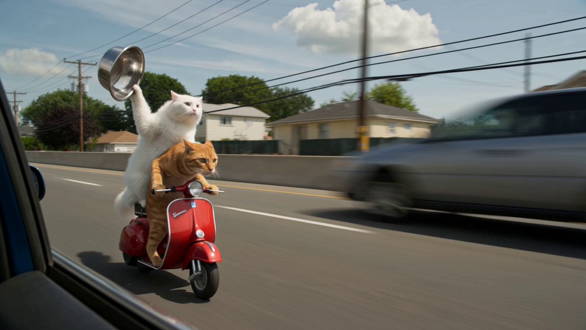 Cats Chasing via Red Mini Motorcycle