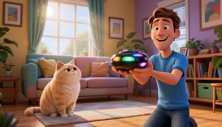Funny Cartoon Cat with High-Tech Toy