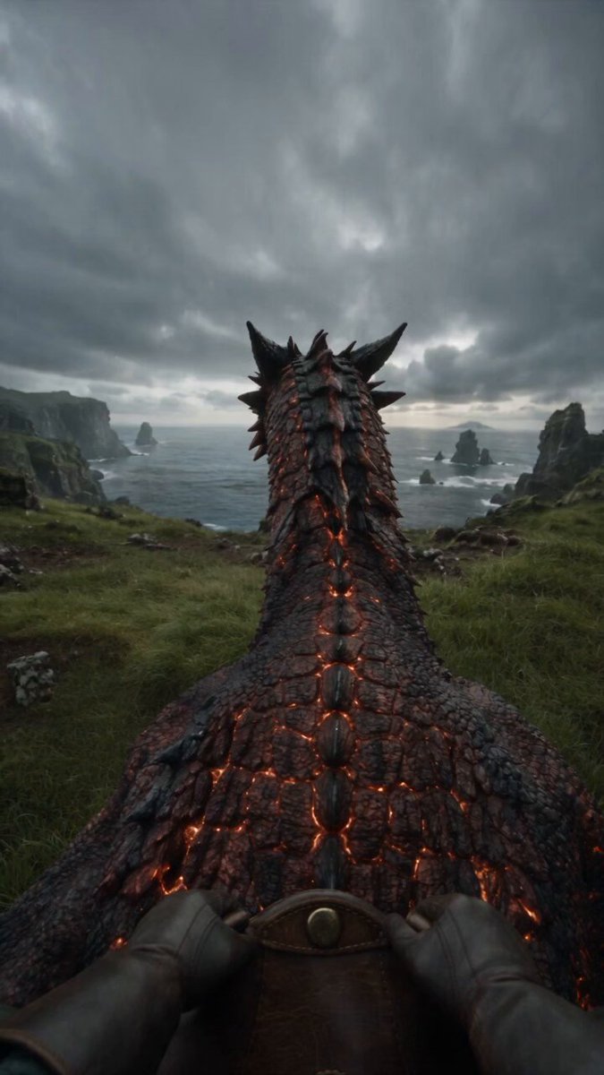 Cinematische First-Person-Perspektive eines Drachenreiters