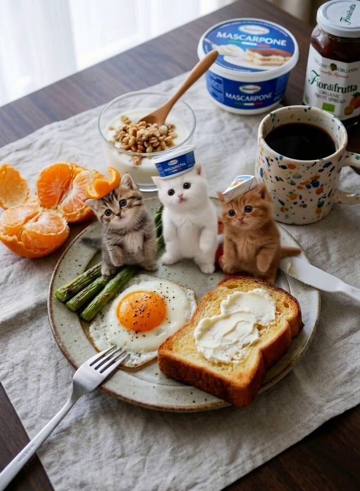 Tanzende Miniatur-Kätzchen am Frühstückstisch