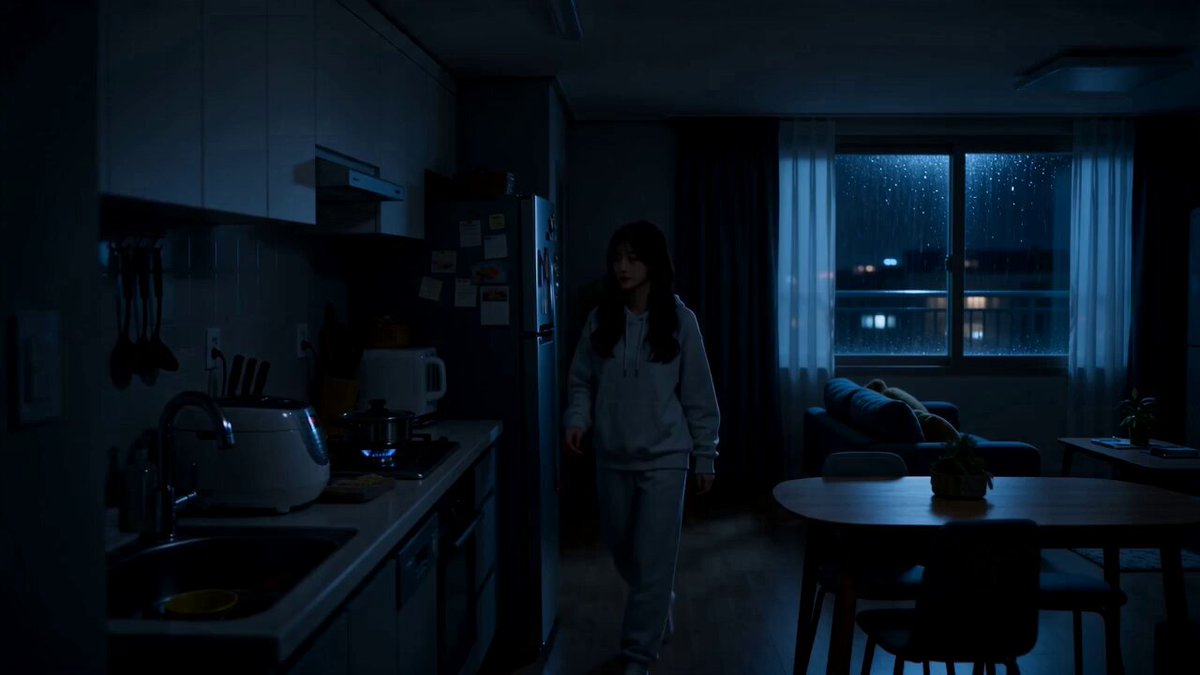 Kochszene im Apartment um Mitternacht