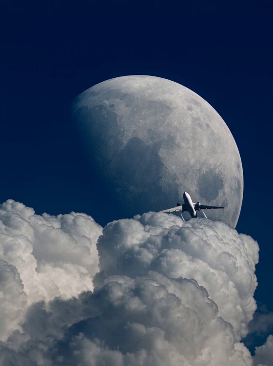 Airplane Crossing Detailed Moon