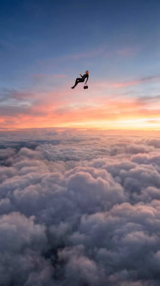 Schwebende Frau vor Wolkenlandschaft bei Sonnenuntergang