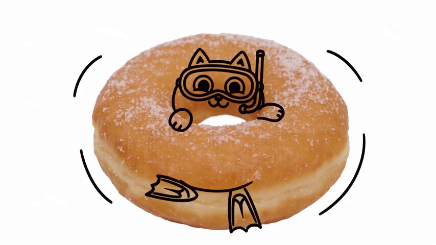 Glückliche schnorchelnde Katze isst einen Donut