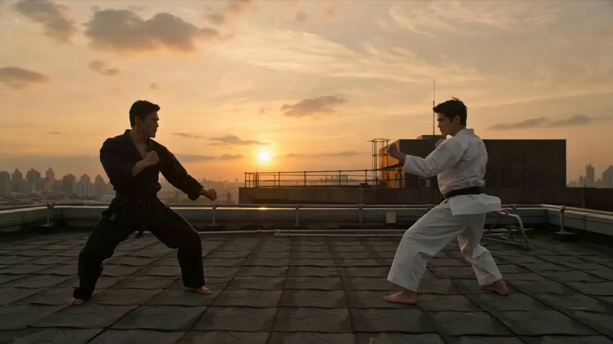 Combat d'arts martiaux sur un toit au coucher du soleil