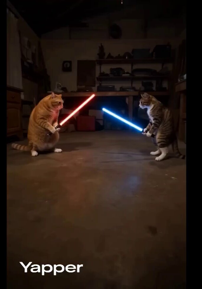 Duel au sabre laser de chats domestiques dans le salon
