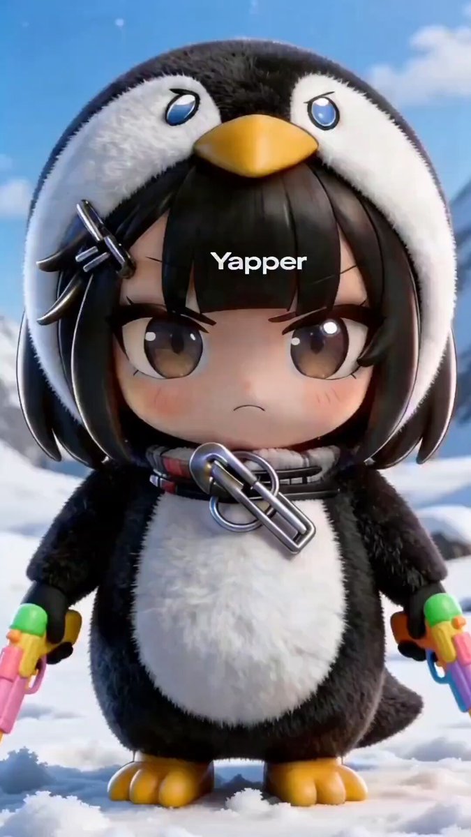Fille anime Chibi en combinaison pyjama pingouin dansant dans la neige