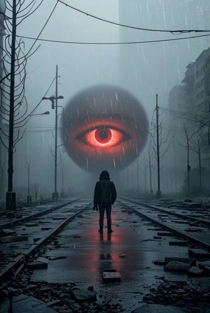 Dystopian city glowing eye