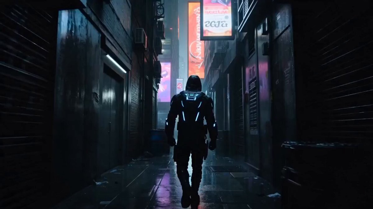 Cyberpunk-Assassinen-Neon-Actionsequenz