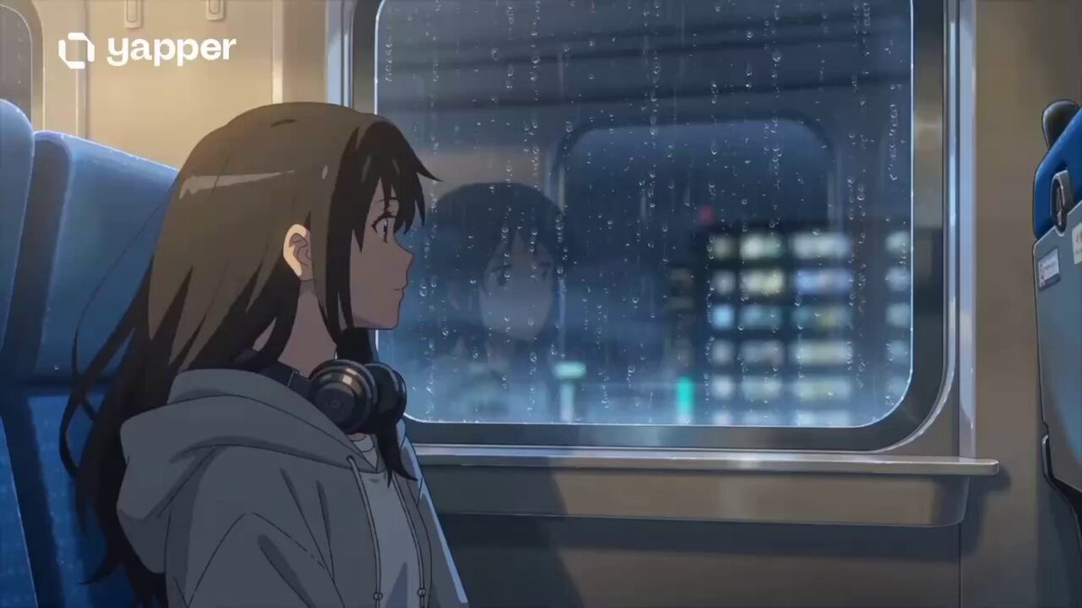 Anime-Mädchen im nächtlichen Zug bei Regen