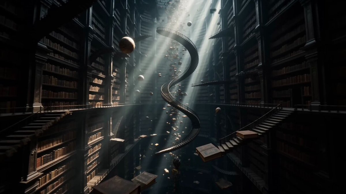 Surreale, unendliche antike Bibliothek aus der Ich-Perspektive